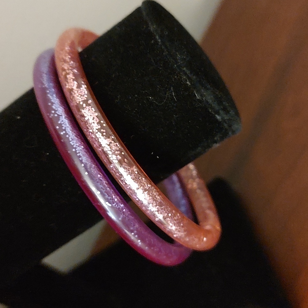 Small Glitter Filled Pink and Purple Soft Plastic Bangle Bracelets